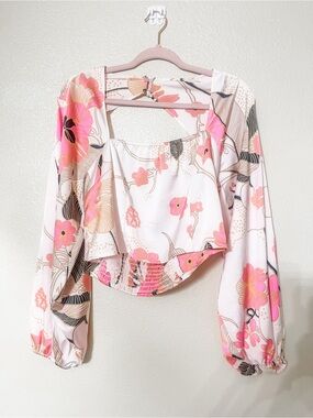 Express Pink Floral Square-Back Cropped Blouse